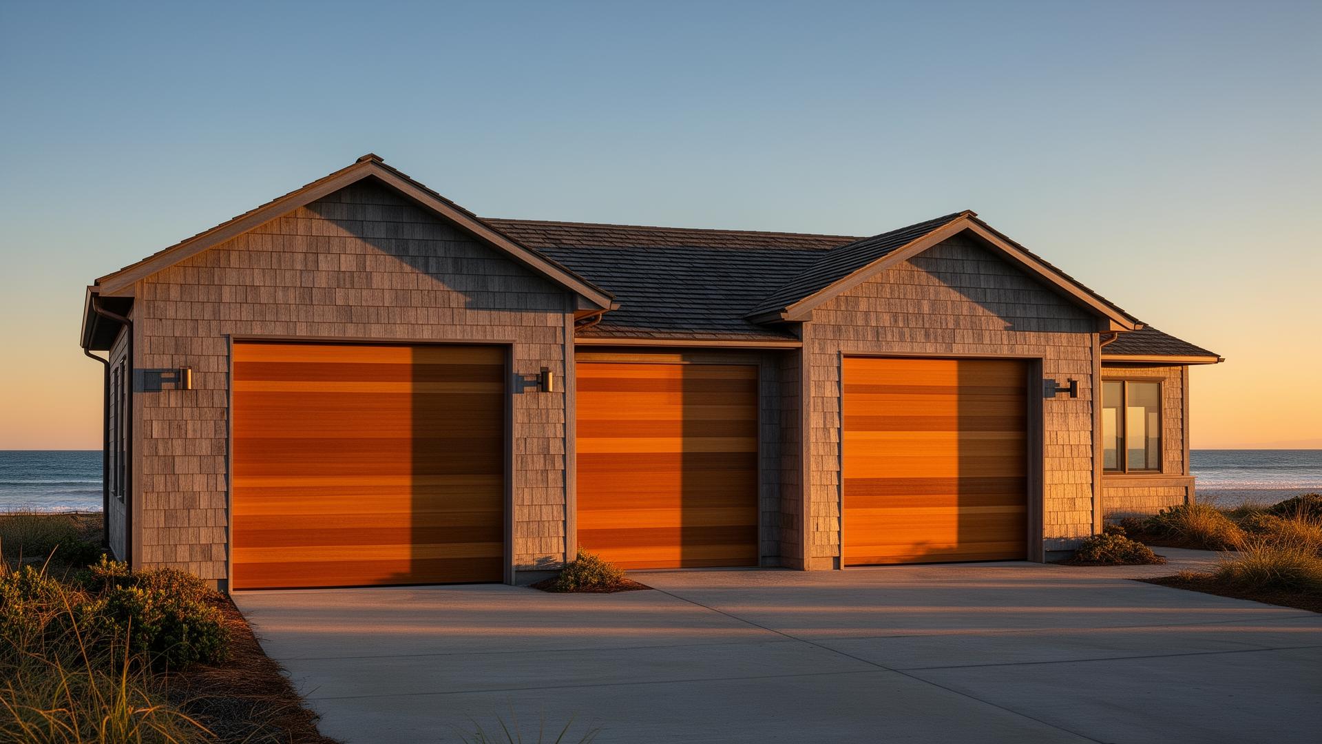 Beautiful coastal home with premium ranch style garage doors at golden hour sunset